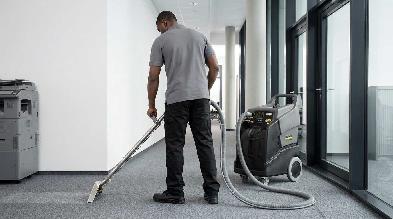 PT Jani Team technician performing commercial carpet cleaning with extraction machine Atlanta