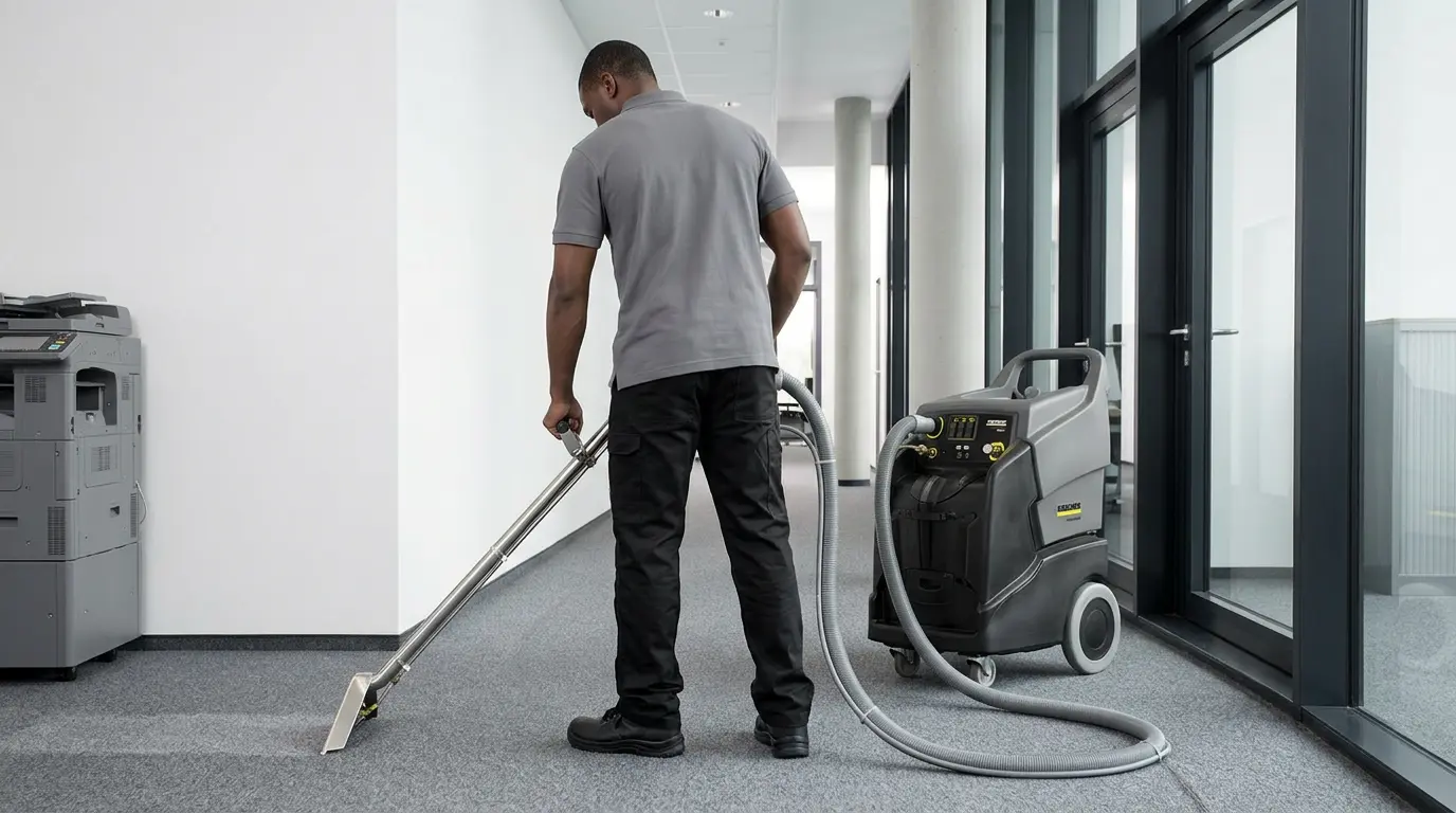 PT Jani Team technician performing commercial carpet cleaning with extraction machine Atlanta