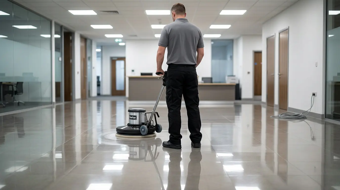 PT Jani Team floor care technician operating Clarke buffer on high-gloss commercial floor Atlanta