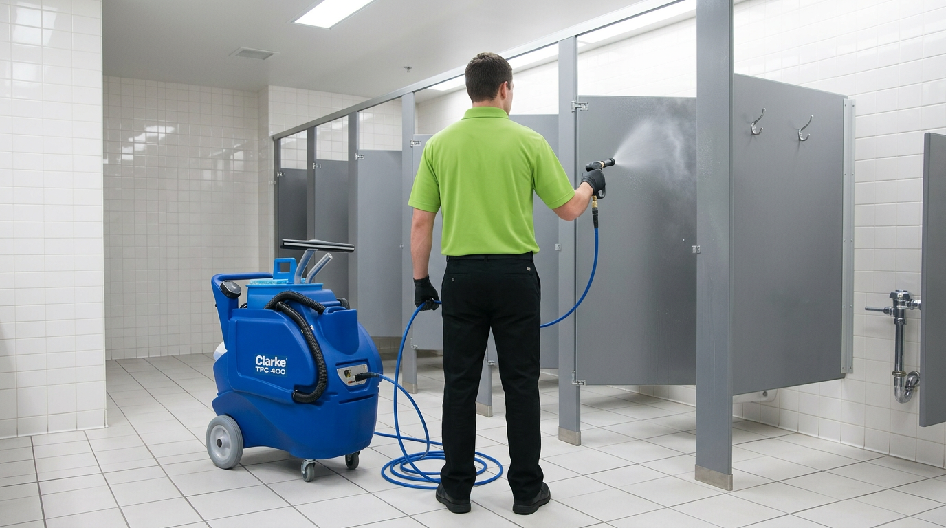 PT Jani Team technician using no-touch restroom cleaning machine in commercial multi-stall restroom Atlanta