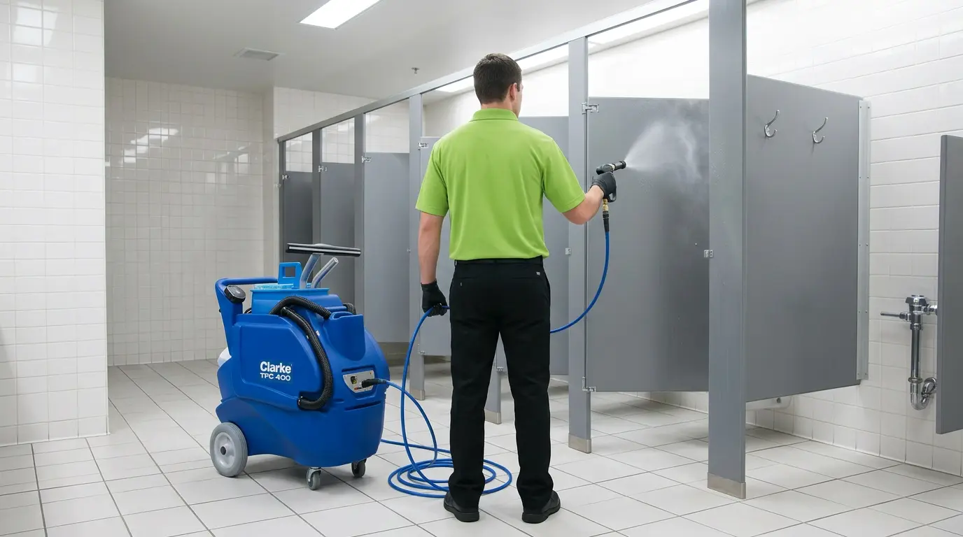 PT Jani Team technician using no-touch restroom cleaning machine in commercial multi-stall restroom Atlanta