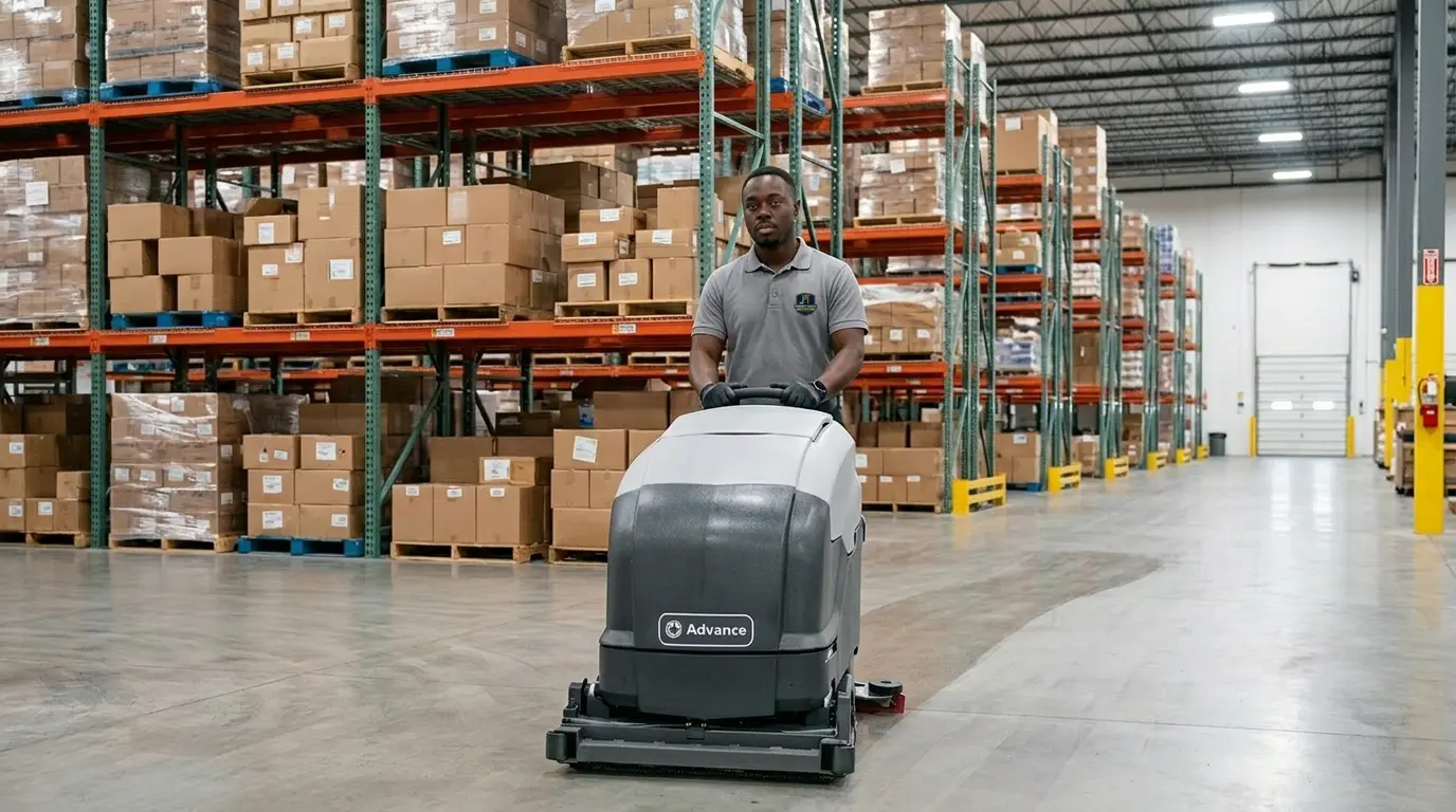 PT Jani Team technician operating floor scrubber machine — Warehouse Floor Cleaning Atlanta